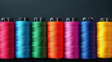 A vibrant array of colorful sewing threads displayed in spools against a dark background, showcasing various hues and textures.