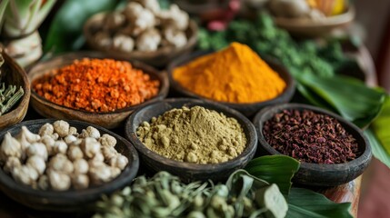 Wall Mural - Close-up of traditional Thai herbs and their individual powdered forms on a clear