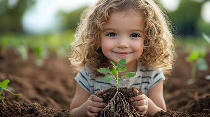 Leinwandbilder - A young child tenderly holding a plant with its roots visible symbolizing the importance of soil health and the responsibility of future to cultivate and preserve the natural environment