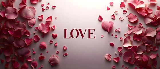 Poster - Elegant and minimalist Valentine s Day card design featuring bold red  love  text against a clean white background with subtle pink heart motifs