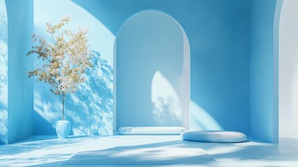 Poster - A minimalist room with arched doorways and a blue color scheme.