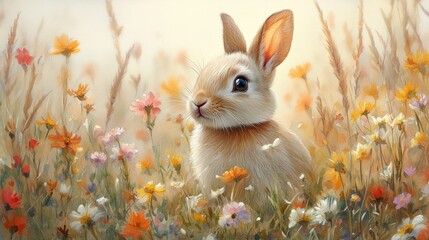 Watercolor painting of a cute rabbit in a field of wildflowers, soft brushstrokes and vibrant spring colors.