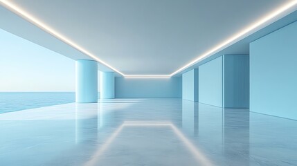 Poster - Minimalist modern interior design with ocean view, featuring white walls, a polished floor, and natural light.