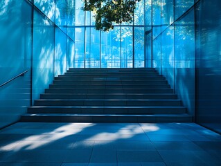 Poster - Modern staircase with glass walls and a view of trees through the windows.