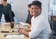 © peopleimages.com - Man, smile and portrait at meeting in office with paperwork, colleagues and excited for job at company. Person, group and team in boardroom for negotiation, review and proposal at creative agency