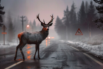 Wall Mural - antler on the country road at dusk and fog
