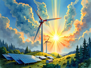 Harnessing nature s power  a bright future with renewable energy solutions, digital painting of sustainable energy concept.