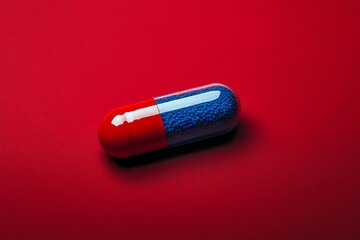 A single red and blue capsule pill against a red background.