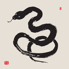 2025 snake zodiac year calligraphy brush painting. left side stamp translation: snake year good fort