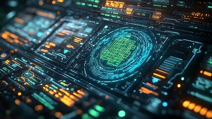 Fototapete - Futuristic digital interface featuring holographic security codes complex data streams in blue and green and a detailed protocol display showcasing advanced technology and digital infrastructure