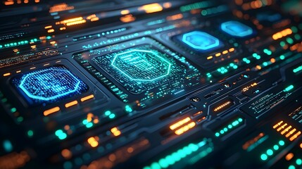 Fototapete - Futuristic digital interface with holographic security codes glowing blue and green data streams and a complex protocol display  This image evokes a high tech