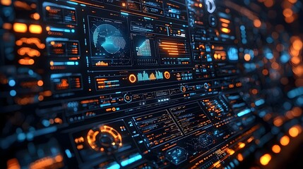 Poster - Futuristic digital interface showcasing security analytics multi layered firewall icons and abstract dark blue tones representing advanced cybersecurity technology and data protection