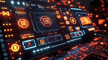 Aufkleber - Sleek and Modern High Tech Control Panel Featuring Encrypted Network Symbols Floating in a Neon Lit Background Showcasing a Futuristic Digital Interface for Data and Information Processing