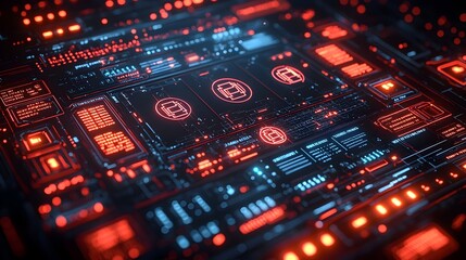 Fototapete - Advanced encrypted control panel with floating network symbols and sleek futuristic design set against a dark neon lit background showcasing cutting edge technology and cybersecurity concepts