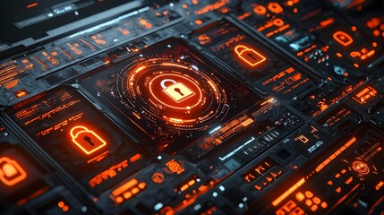 Poster - Futuristic digital network security interface with firewall symbols 3D visualizations and various data analytics displayed on a high tech dashboard  Concept of cybersecurity data protection