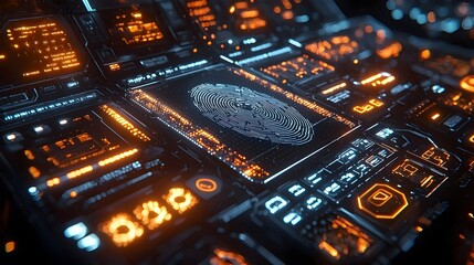 Poster - Sleek and futuristic digital security interface with biometric scanning technology layered in holographic visuals showcasing a high tech cybersecurity system with data protection and access control