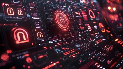 Poster - Futuristic cyber security interface dashboard with digital locks firewall symbols and 3D data visualizations  Cutting edge technology for network protection access control