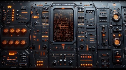 Fototapete - Futuristic tech control board with holographic layers security details and flowing digital code against a dark metallic background representing the of advanced technology cybersecurity