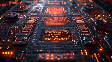 Leinwandbilder - Futuristic tech control board with holographic layers security details and flowing digital code on a dark metallic background showcasing advanced technology and digital innovation
