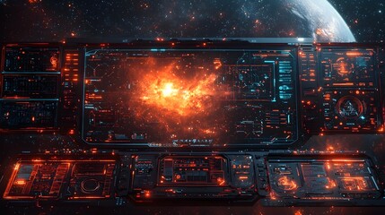Fototapete - A visually stunning digital display showcasing a complex network of cyber security overlays intricate icons and a captivating deep space background