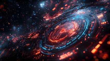 Fototapete - Mesmerizing cyber display showcasing a complex network of digital icons and security overlays set against a mysterious deep space backdrop conveying a futuristic and technologically advanced theme