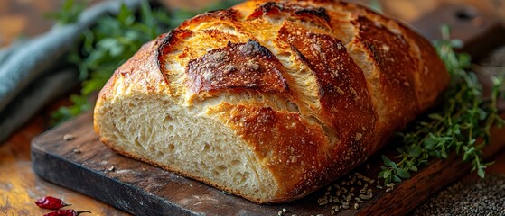 Fototapete - Artisan sourdough bread loaf with a beautifully textured rustic crust resting on a wooden board surrounded by fresh aromatic herbs and seeds in a natural light setting showcasing the homemade