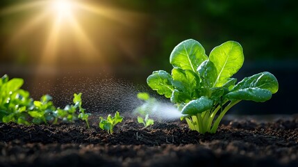 Fototapete - Ethereal beams of golden morning light dance through the mist of a sprinkler gently watering a vibrant and lush vegetable garden filled with fresh glowing greens  The scene has a fairytale like