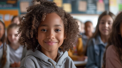 Close-up of multiethnic students in a classroom, standing and smiling at the camera with a teacher looking on in the background