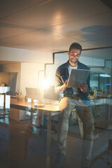 Aufkleber - Night, business and happy man on tablet in office for research project, online website and internet. Professional, company and worker on digital tech working late for planning, networking and email