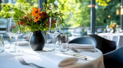 Aufkleber - Aerial view of a bright airy and elegant dining space featuring a minimalist modern design with simple white furnishings a beautifully arranged table setting and a peaceful serene atmosphere