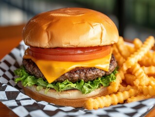 Juicy Cheeseburger with Fries on a Checkered Plate