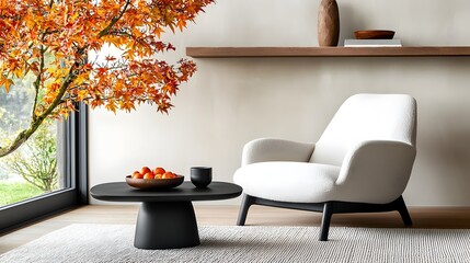 Aufkleber - Elegant Japandi inspired living room layout with a comfortable armchair black coffee table and wooden shelf against a rustic stucco wall creating a warm minimalist and sophisticated style