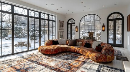 Fototapete - Beautifully designed living room featuring a harmonious blend of modern and traditional Japanese inspired elements including a colorful curved sofa glass windows