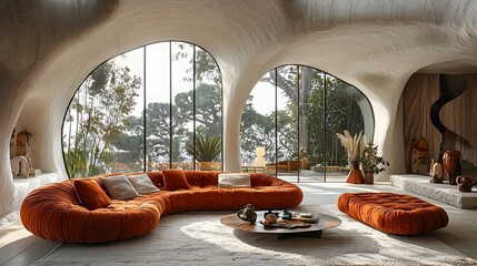 Fototapete - Bright and airy living room with natural light flooding through glass windows featuring a white toned design a colorful curved sofa and Japanese inspired decor elements for a cozy