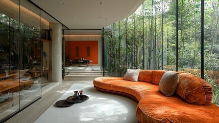 Fototapete - Bright and airy living room with glass walls clean white tones a colorful curved sofa and Japanese inspired creating a serene and tranquil retreat for relaxation and comfort