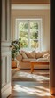 © Lucianastudio - Door opening into bright living area, soft colors, cozy couch, coffee table, natural light, blurred background details, spacious feel.