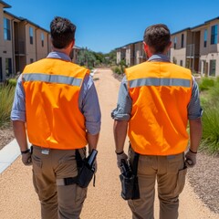 Two workers in safety vests walking in a residential area.