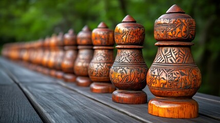 Intricate Carved Wooden Ornaments on Rustic Tabletop