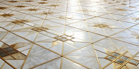 A geometric pattern of white and gold tiles, showcasing a complex and elegant design. The intricate details of the tiles create a sense of depth and dimension.