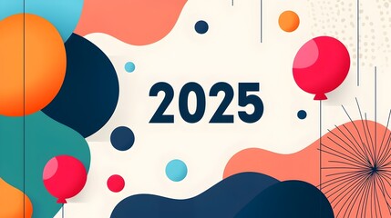 Poster - Elegant and sophisticated New Year 2025 design featuring a curvy font paired with subtle line art of balloons and streamers maintaining clear areas for ads or text overlay