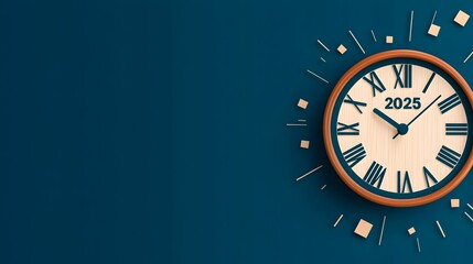 Poster - Minimalist 2025 design with a font integrated with a clean line art of a clock striking midnight creating a contemporary visually appealing concept for advertising marketing and promotional materials