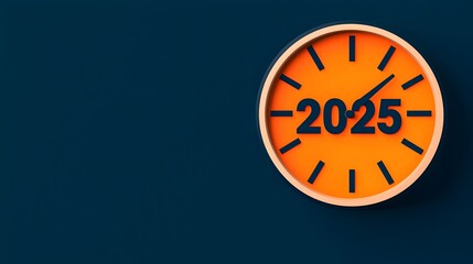 Poster - Stylish minimalist design featuring the year 2025 in an treatment combined with a clean line art of a clock striking midnight leaving ample room for advertising or other copy