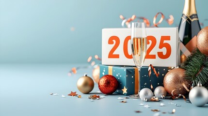 Poster - Elegant and modern geometric typography design for 2025 with subtle line art of sparkling stars and celebratory streamers complemented by festive champagne glasses