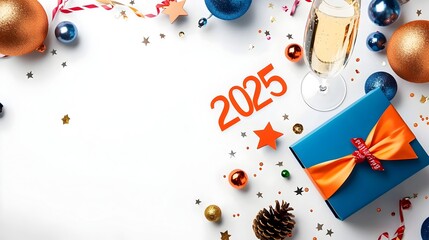 Aufkleber - Futuristic and Minimalist Design Featuring Geometric 2025 Artwork with Line Art Streamers Stars and Champagne Glasses   Open Space for Advertisement