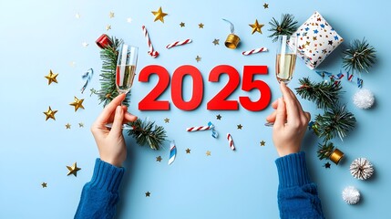 Poster - Minimalist Geometric 2025 with Streamers Stars and Champagne Glasses   Featuring Open Spaces for Advertisement Copy and Festive Design Elements