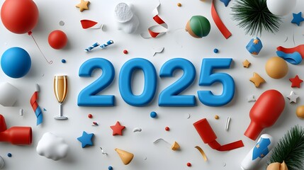 Poster - Minimalist and modern geometric design featuring the year 2025 with abstract line art of streamers stars and champagne glasses providing open space for advertisement copy or text overlay