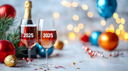 Poster - Minimalist geometric font design in 2025 with line art of champagne glasses stars balloons and streamers providing a sleek and elegant marketing template or background for branding