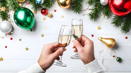 Poster - Minimalist Geometric Font Design Accented with Line Art of Champagne Glasses Stars Balloons and Streamers for a Stylish and Celebratory 2025 Marketing or Anniversary Concept