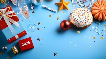 Aufkleber - Sophisticated 2025 Design in a Clean Geometric Font Accentuated by Subtle Line Art of Celebratory Elements Like Stars Champagne Glasses and Streamers   Perfect for Branding Advertising