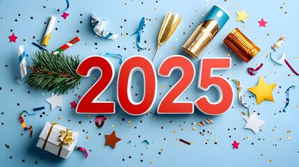 Poster - Sleek and modern geometric font design of the year 2025 enhanced by minimal line art elements such as stars champagne glasses and streamers